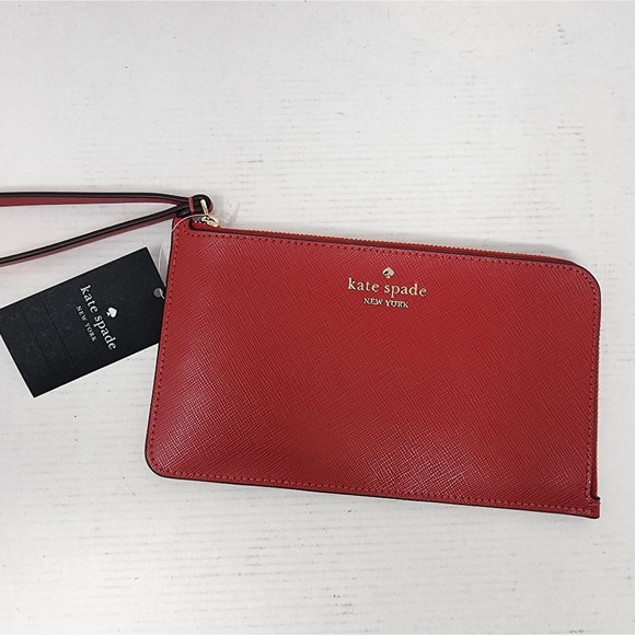 kate spade Handbags - Kate Spade New Red Leather Wristlet Lucy  Logo Top Zipper Bag New Red Clutch